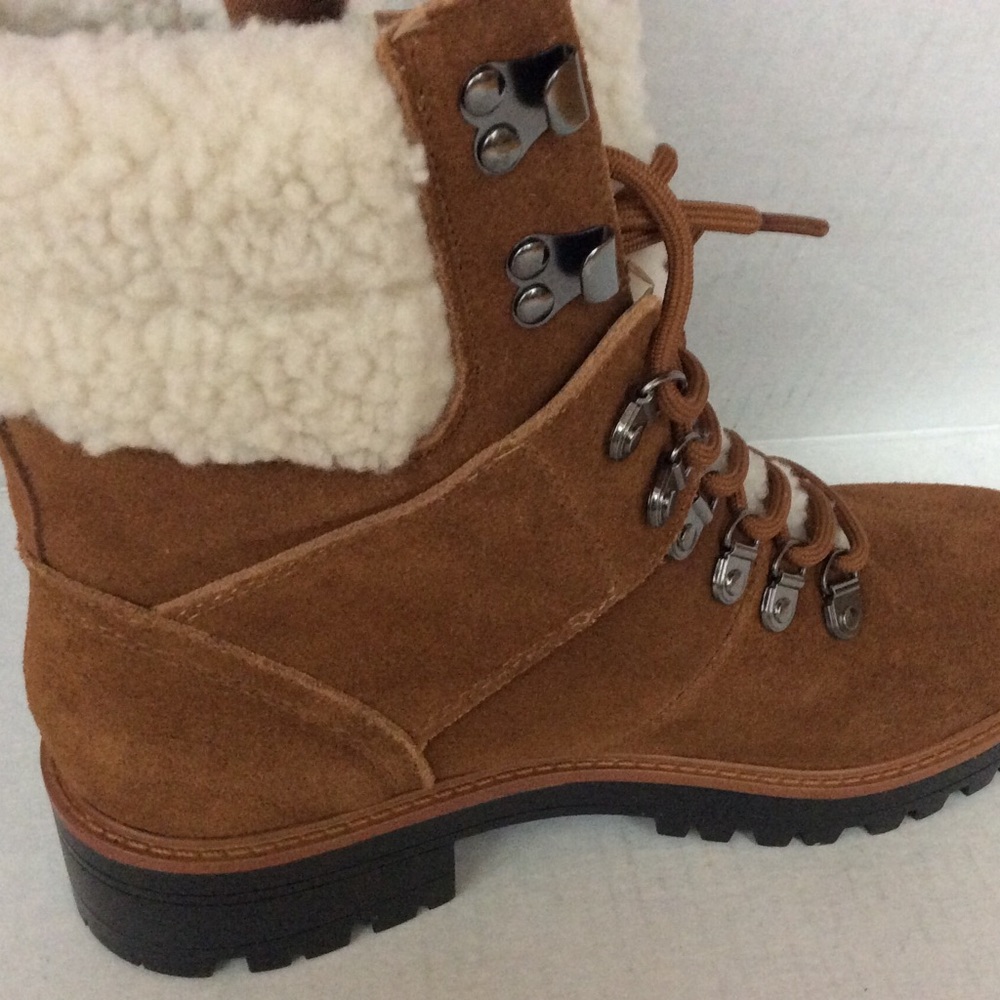 Suede boots Sherpa lined combat style cognac brown upper faux fur collar tongue - Picture 5 of 8